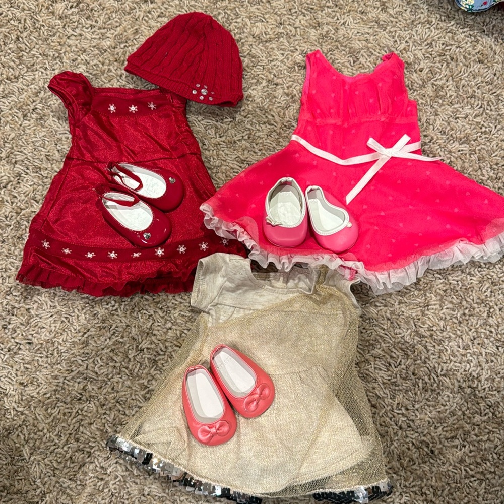 American Girl 3 Dress Lot red with hat, gold and pink with hearts